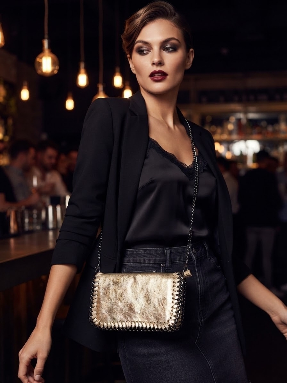 Borse in Pelle Made in Italy Gold Metallic Leather Chain Crossbody Bag